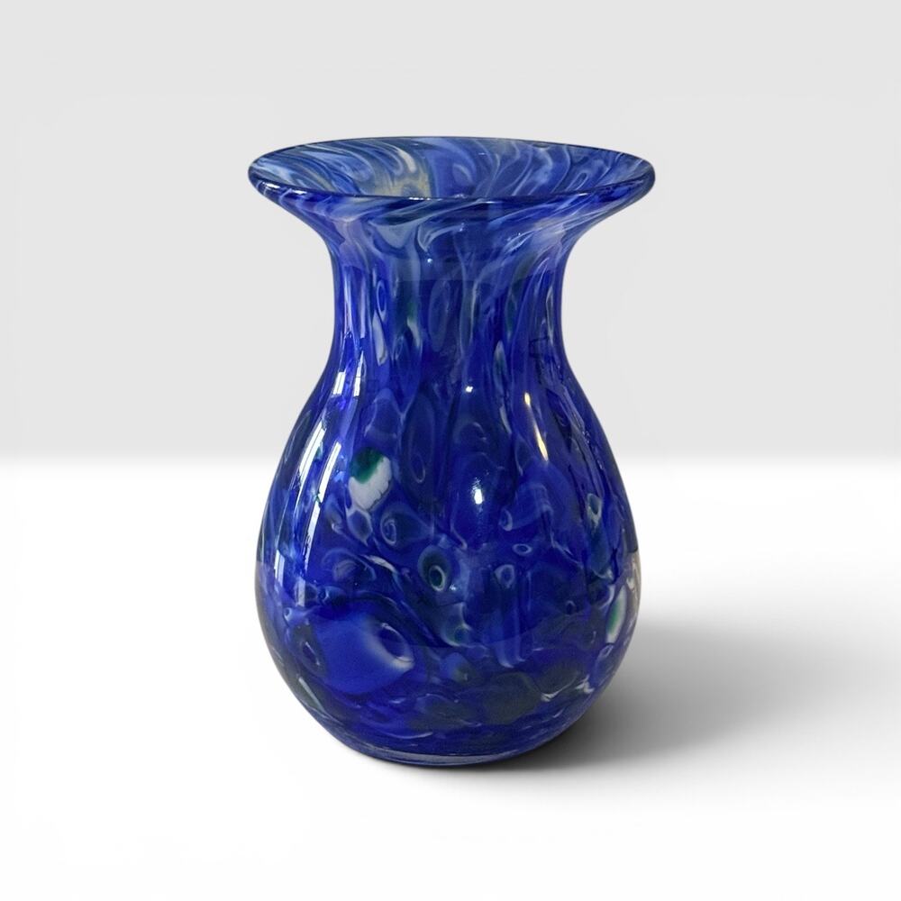 Cobalt Blue Spatter Art Glass Vase 5.5" Murano Style